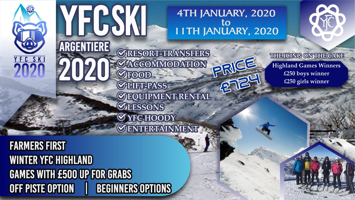 Check out the amazing offer for  #YFCSki 2020. All catering included in this amazing package from 4-11 Jan in Argentiere. Don't miss out – get booking as there are only a limited number of spaces available: bit.ly/2uW6aq0 #YoungFarmers