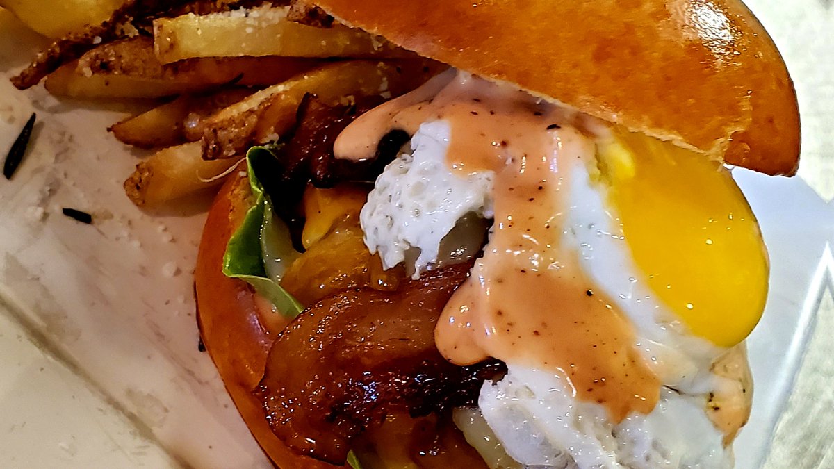 THE TRIPLE!!! Triple decker burger with cheddar and provolone, bacon, lettuce, tomato, ancho chili aioli &amp; a fried egg!

Back for Burger Night, tonight with all night Happy Hour drink specials!