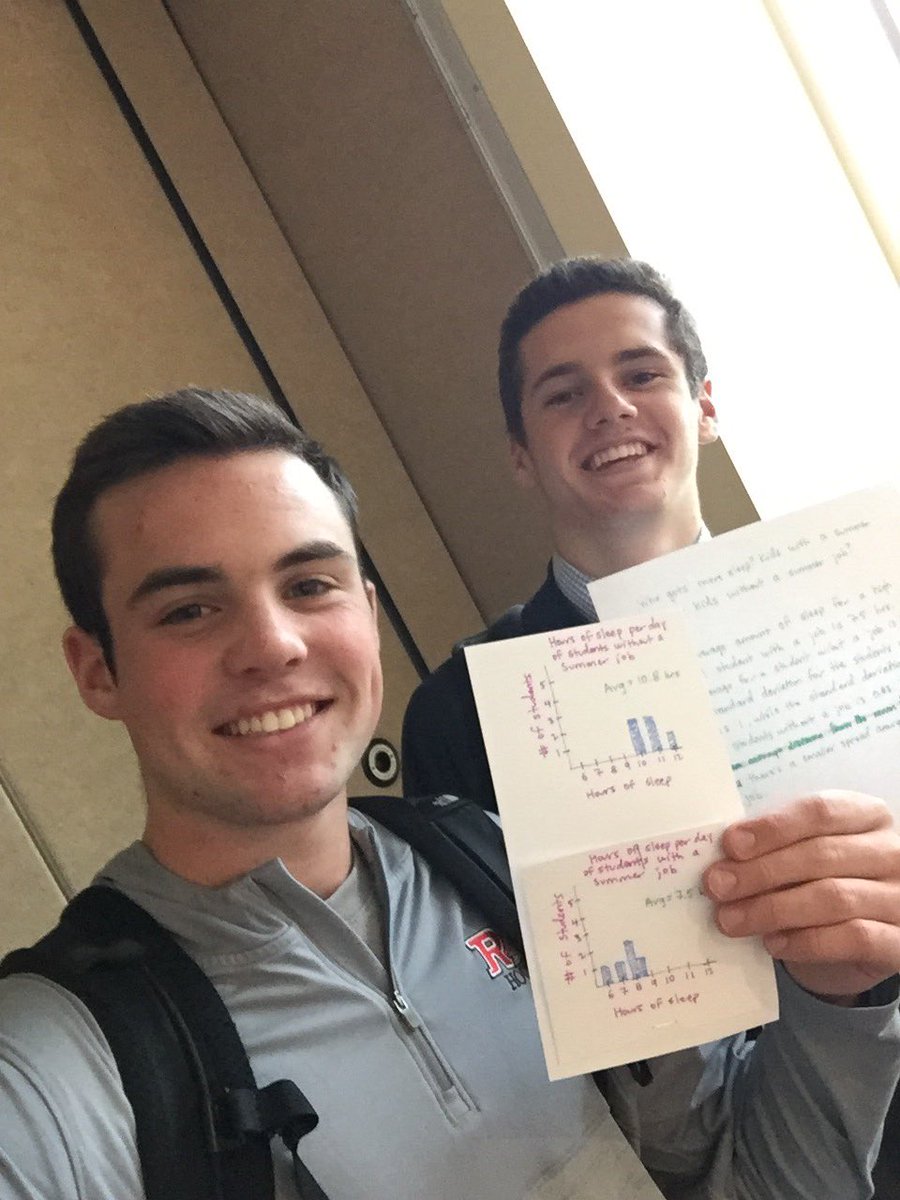 RiversStats's tweet image. Worked on some data analysis in class today. Pat and Aidan analyzed their data based on the question, “Who gets more sleep, students with a summer job or students without a summer job?” Then they created two histograms to compare the two groups. #DataScience #StatsLife #ClassFun