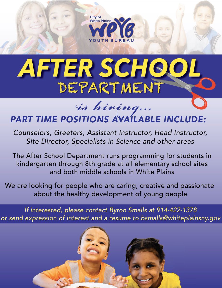 wpyouthbureau's tweet photo. We’re hiring! If you’re interested in any of the positions listed, please contact Byron Smalls at bsmalls@whiteplainsny.gov or 914-422-1378! 🔬🎭😎
•
•
•
#WPYB #jobs #hiring #youth #instructors #openingsavailable #school #WPProud #share https://t.co/GmuaxROowT
