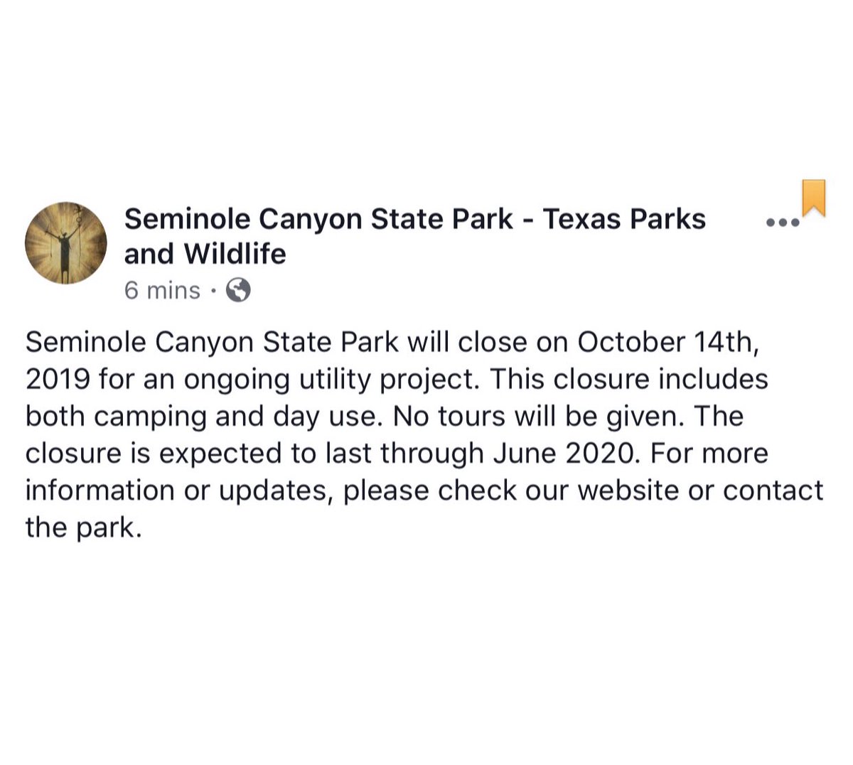 Seminole Canyon State Park will close on Oct 14th, 2019 for an ongoing utility project. This closure includes both camping and day use. No tours will be given. The closure is expected to last through June 2020. For more information or updates, please contact the park.
