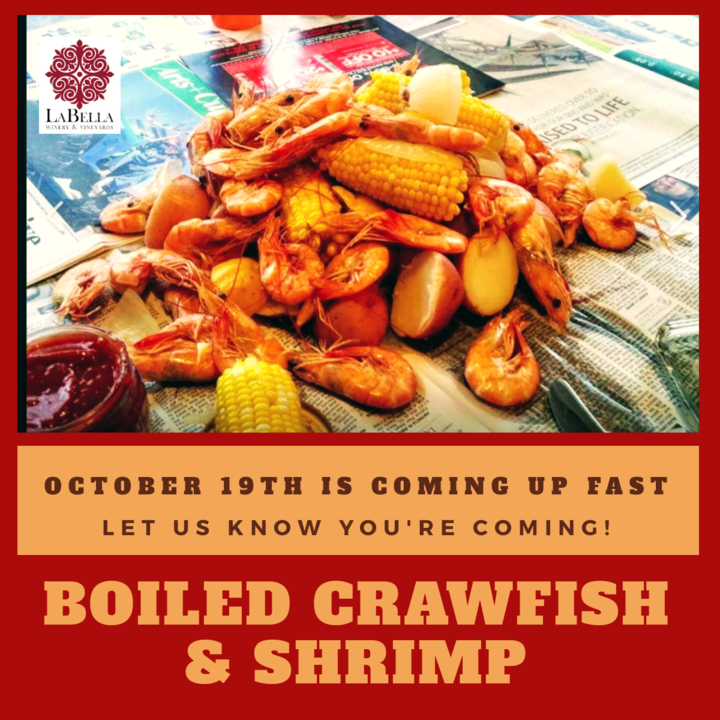 LabellaWine's tweet photo. Crawfish &amp; Shrimp Boil on October 19th will be here soon! Please RSVP in advance for this event. We want everyone to enjoy some delicious seafood and we want to make sure we don't run out!
Contact us today at +1 816-240-2404 or email us labellavineyards@gmail.com⠀
#labella #wine https://t.co/POTWEpRuVM