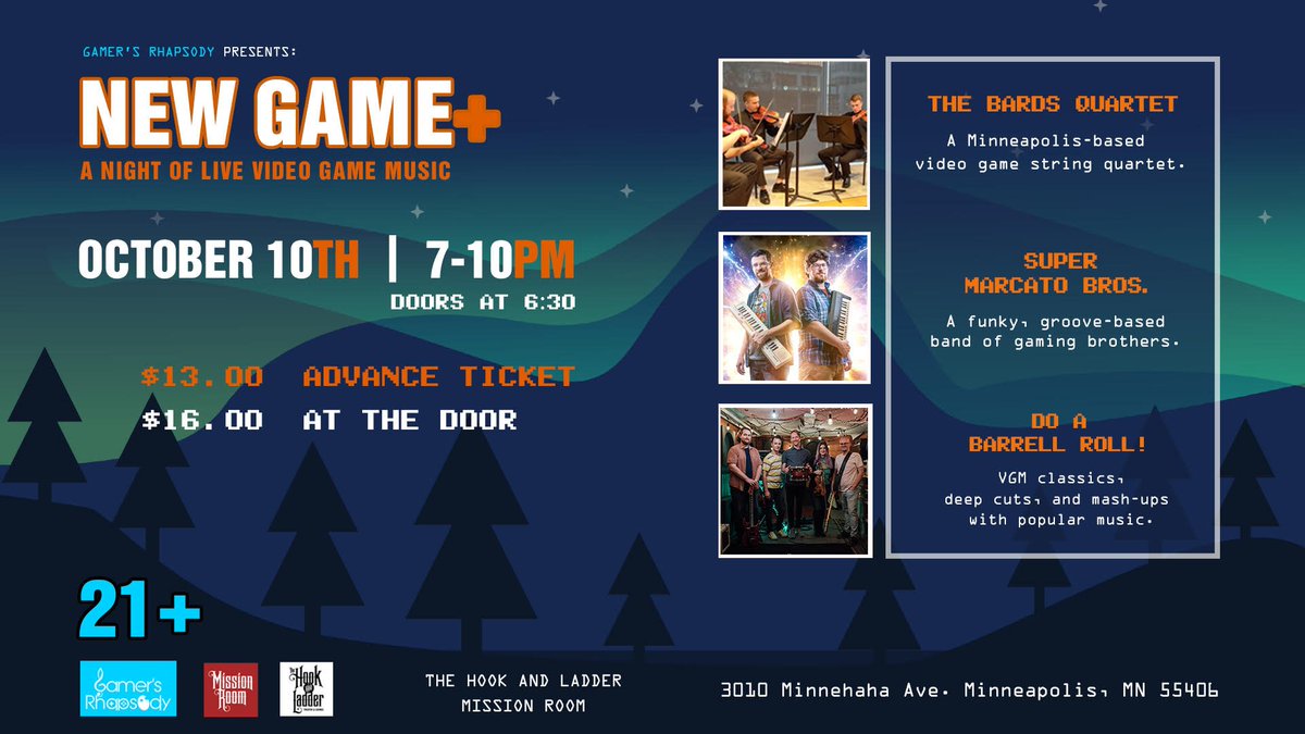 TheHookMpls's tweet photo. TONIGHT at #TheHookMPLS -> Gamer's Rhapsody presents New Game+ at The Hook and Ladder Mission Room featuring The Bards Quartet, Super Marcato Bros., &amp; DO A BARRELL ROLL!!
--
BUY TIX --> https://t.co/VSf6QCw8rM

#VideoGames #TheBardsQuartet #SuperMarcatoBros #DoABarrellRoll https://t.co/aTX2S6XF1y