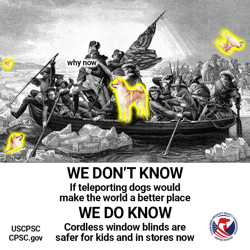 George Washington crossing the Deleware while dogs teleport all around him. The text reads: We don't know if teleporting dogs would make the world a better place. We do know cordless window blinds are safer for kids and in stores now.