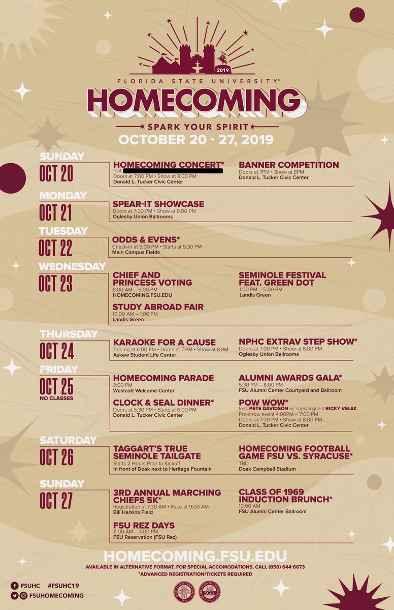 FSU Homecoming would like to proudly announce our official 2019 Week of Schedule. Only 10 Days until #FSUHC19! 

And, we think we’ve kept y’all waiting long enough. If this tweet receives 1,000 Retweets, we’ll announce whose name is under the black line as our Concert Headliner.