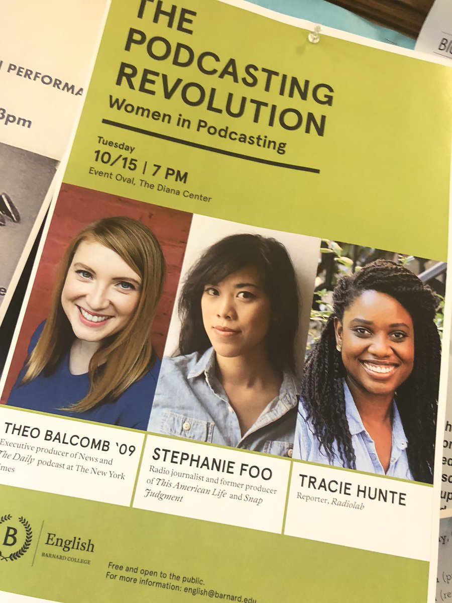 jkassanoff's tweet photo. The Podcasting Revolution continues... Next Tuesday catch our “Women in Podcasting” panel at @BarnardCollege - 7 pm in the Diana Oval. Free and open to the public. https://t.co/bPhpbqUSnG