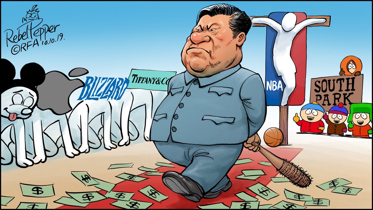 #變態辣椒漫畫 #rebelpepper RFA自由亞洲電台專欄作品——American companies kneel at Xi's feet 中國市場誘惑力太大，美國公司紛紛拜倒在習近平脚下，接受中國的言論審查，而這種侵犯美國核心價值觀的影響，也必將遭致最激烈的反彈 rfa.org/mandarin/biant…