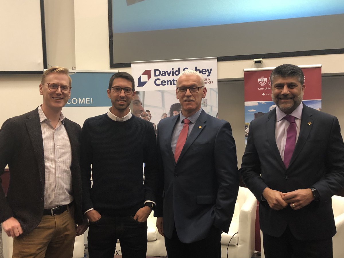 SobeySchool_SMU's tweet photo. We welcome students and alumni (like Mike Cyr, pictured, second from left) to the @DSobeyCentre Retail Month executive panel featuring Liam Sobey, Lorne MacLean and Vivek Sood of @sobeys. #retailmonth #retailfuture #innovation https://t.co/fyuqj23A7N