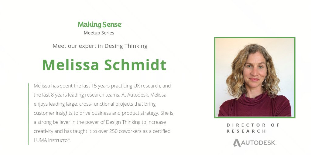 MakingSense_llc's tweet photo. We're thrilled to introduce you to our first speaker! Meet Melissa Schmidt, Director of Research at Autodesk. She will be a panelist in our last meetup of the year. Stay tuned and get to know more about what we have prepared for you.
RSVP https://t.co/9hnLhj2nd3
#MSmeetups https://t.co/m7Nd2NgDVh