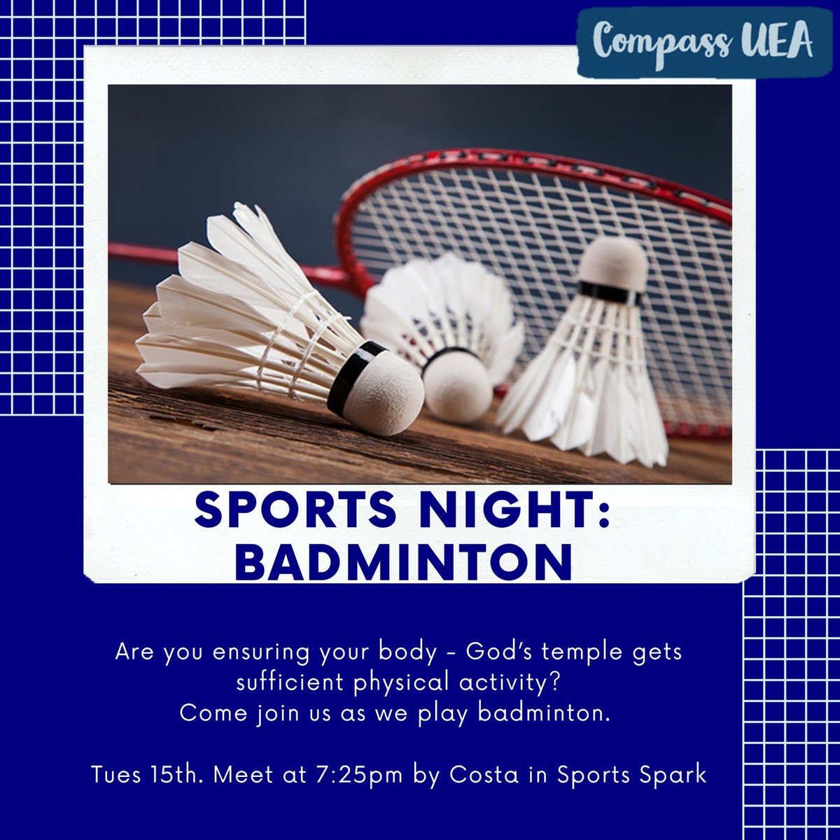 compassuea's tweet photo. How is your physical health? 

Join us as we play badminton: 🏸
￼
Day: Tuesday 15th Oct
Location: UEA SportsPark 
Time: 7:25pm
50p for members &amp; £1 for non-members

Hope to see you there as we aim to enrich our physical health! https://t.co/5P12GzV4H2