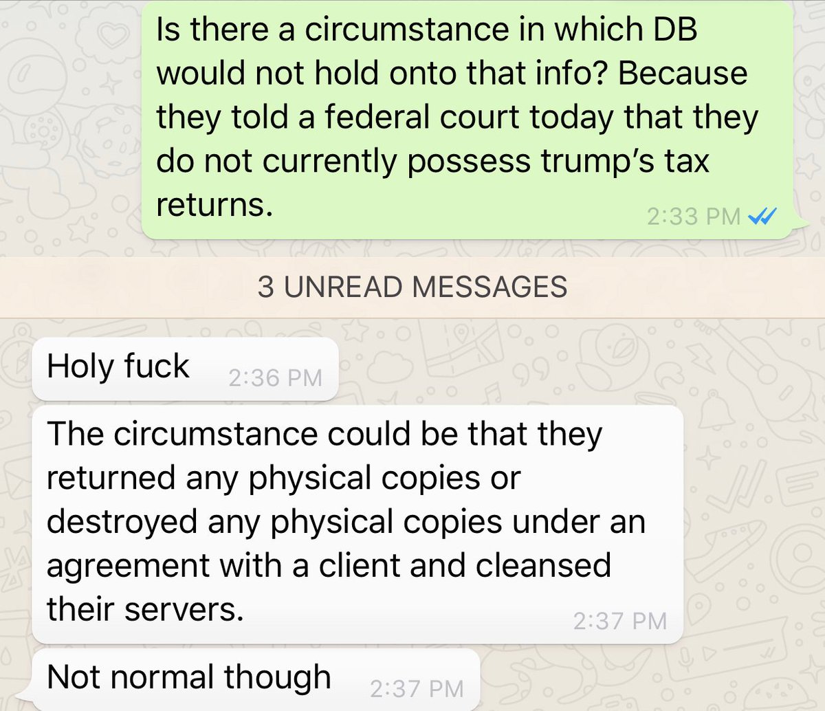David Enrich (@davidenrich) on Twitter photo <a href="/DeutscheBank/">Deutsche Bank</a> <a href="/realDonaldTrump/">Donald J. Trump</a> I talked today to a former <a href="/DeutscheBank/">Deutsche Bank</a> executive, who was among those who reviewed the <a href="/realDonaldTrump/">Donald J. Trump</a> tax returns that were in the bank's possession.
When I told him Deutsche says it doesn't have the returns, this is how he reacted. (Posting this with source's permission) <a href="/DeutscheBank/">Deutsche Bank</a> <a href="/realDonaldTrump/">Donald J. Trump</a> I talked today to a former <a href="/DeutscheBank/">Deutsche Bank</a> executive, who was among those who reviewed the <a href="/realDonaldTrump/">Donald J. Trump</a> tax returns that were in the bank's possession.
When I told him Deutsche says it doesn't have the returns, this is how he reacted. (Posting this with source's permission)