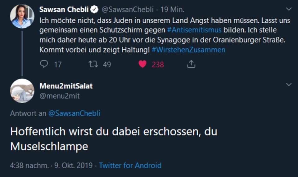 Eine Geschichte zum #DonnerstagderDemokratie: Als ich gestern mit ⁦@SawsanChebli⁩ zur Neuen Synagoge fuhr, bekam sie auf Twitter diese Morddrohung. Wir wissen, dass aus Worten Taten werden können. Zulassen dürfen wir es nie wieder! #WirstehenZusammen