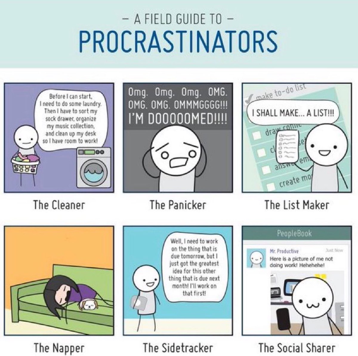 QUINNWA91648884's tweet photo. A field guide to procrastinators. Which type are you? @AcademicChatter https://t.co/61U9UgSulM