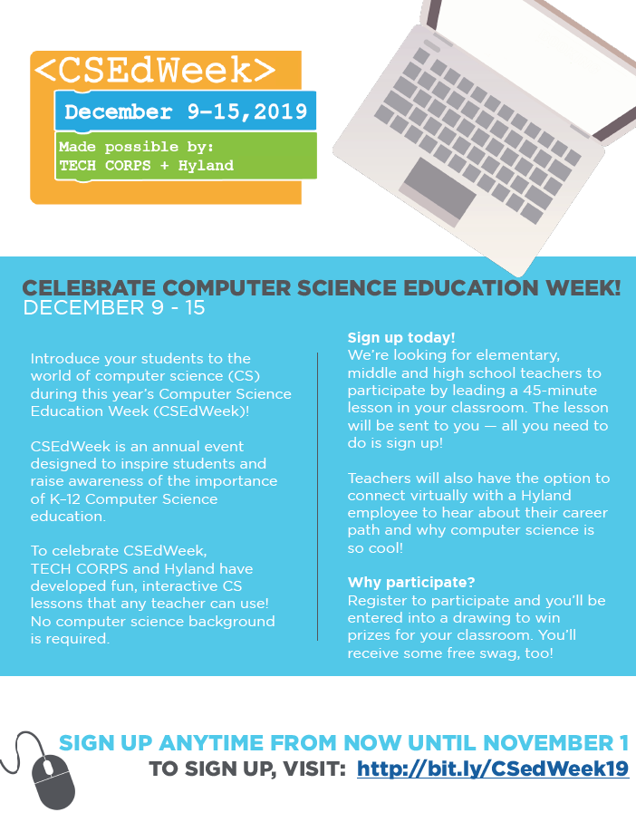 CSTA_Ohio's tweet photo. To celebrate Computer Science Education Week (#CSEdWeek), TECH CORPS (#TECHCORPS) and Hyland have teamed up to develop a fun, interactive computer science lesson for all classrooms! Register @ https://t.co/NBfA3fY1by https://t.co/y7L01UMeE6