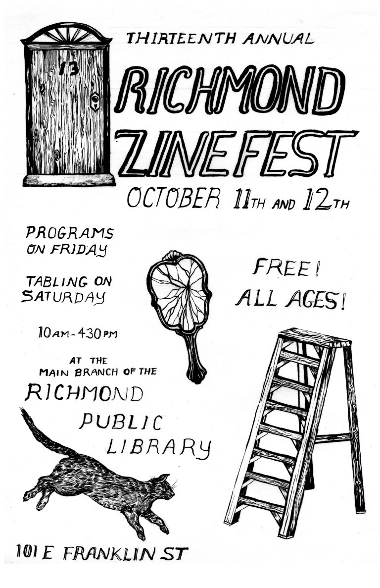 Hey Richmond friends! I'll be tabling at Richmond Zinefest at the Richmond Public Library from 10am-4:30 pm this Saturday, y'all should stop by and say hi, especially if you've never been! I'm debuting my "Adopt a Bot" Zine as well as selling prints, stickers and more! 