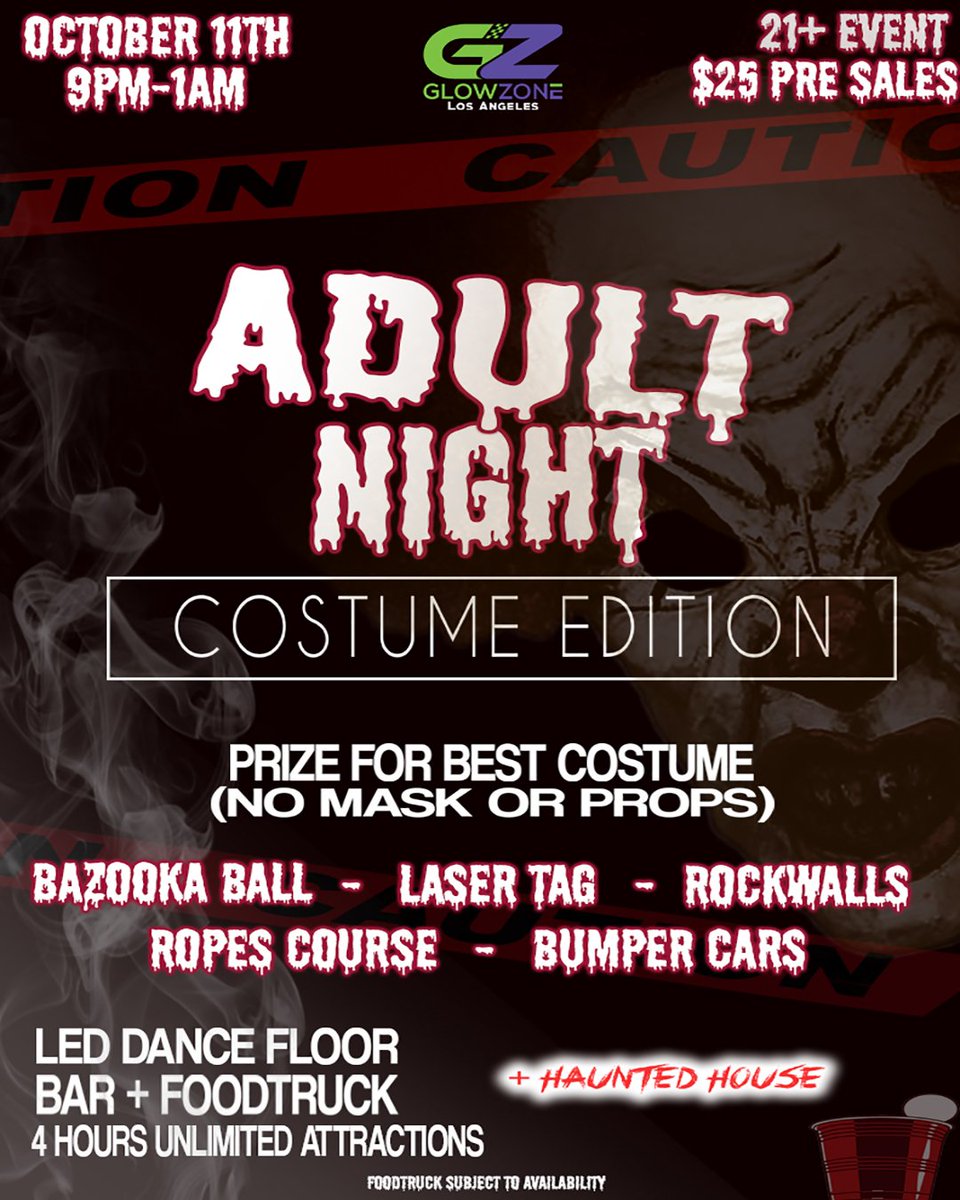 <a href="/GlowZoneLA/">GlowZone LA</a>  Adult Night tickets for October 11th from 9pm - 1am are still on sale for $25/person. Purchase here!: bit.ly/2Izra0m #Glowzonela #Woodlandhills #canogapark #winnetka #losangeles #la #lasertag #minigolf #adultnight #drinks #bar #costume #hauntedmaze
