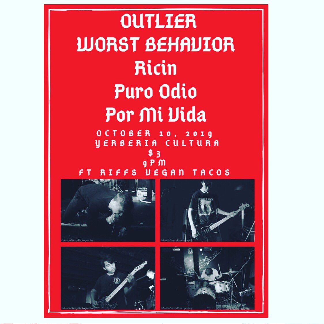 TONIGHT: $3 Hardcore Show (Outlier from California) &amp; $1 Vegan Tacos. <a href="/VTHCtx/">VTHC</a> <a href="/RiffValleyTX/">Riff Valley</a> <a href="/WorstBehaviorTX/">Worst Behavior</a> <a href="/RicinTx/">𝕽𝖎𝖈𝖎𝖓</a>