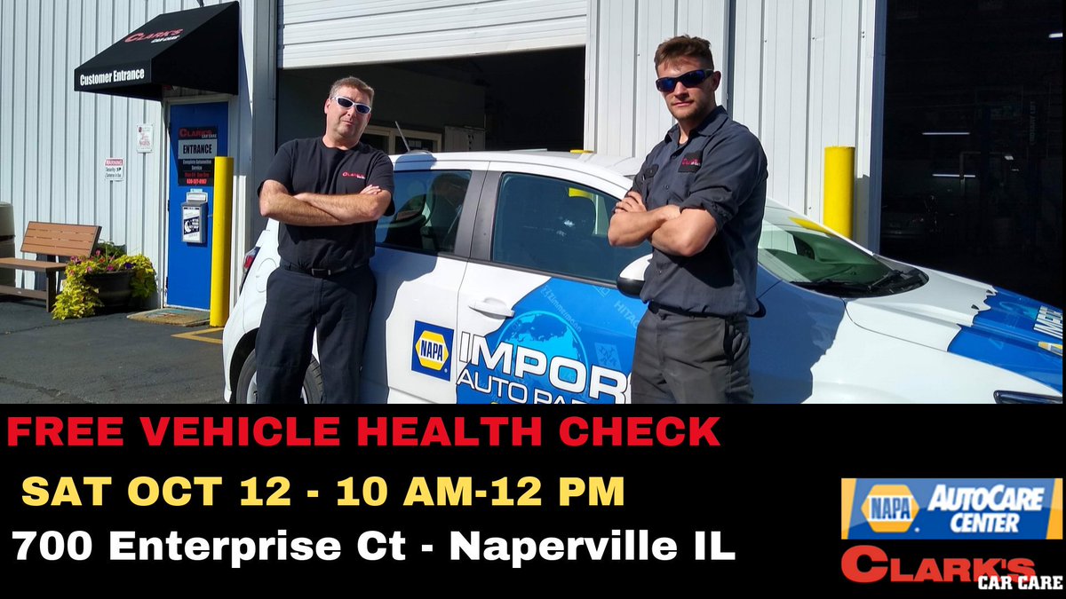 We're partnering with 
@NAPAKnowHow
 to offer a FREE Vehicle Health Check this Saturday Oct 12 from 10 am-12 PM at NAPA's shop - 700 Enterprise Ct in #Naperville. Get your car checked before winter weather! #carrepairs #carrepairshop #carrepair #carrepairshops
