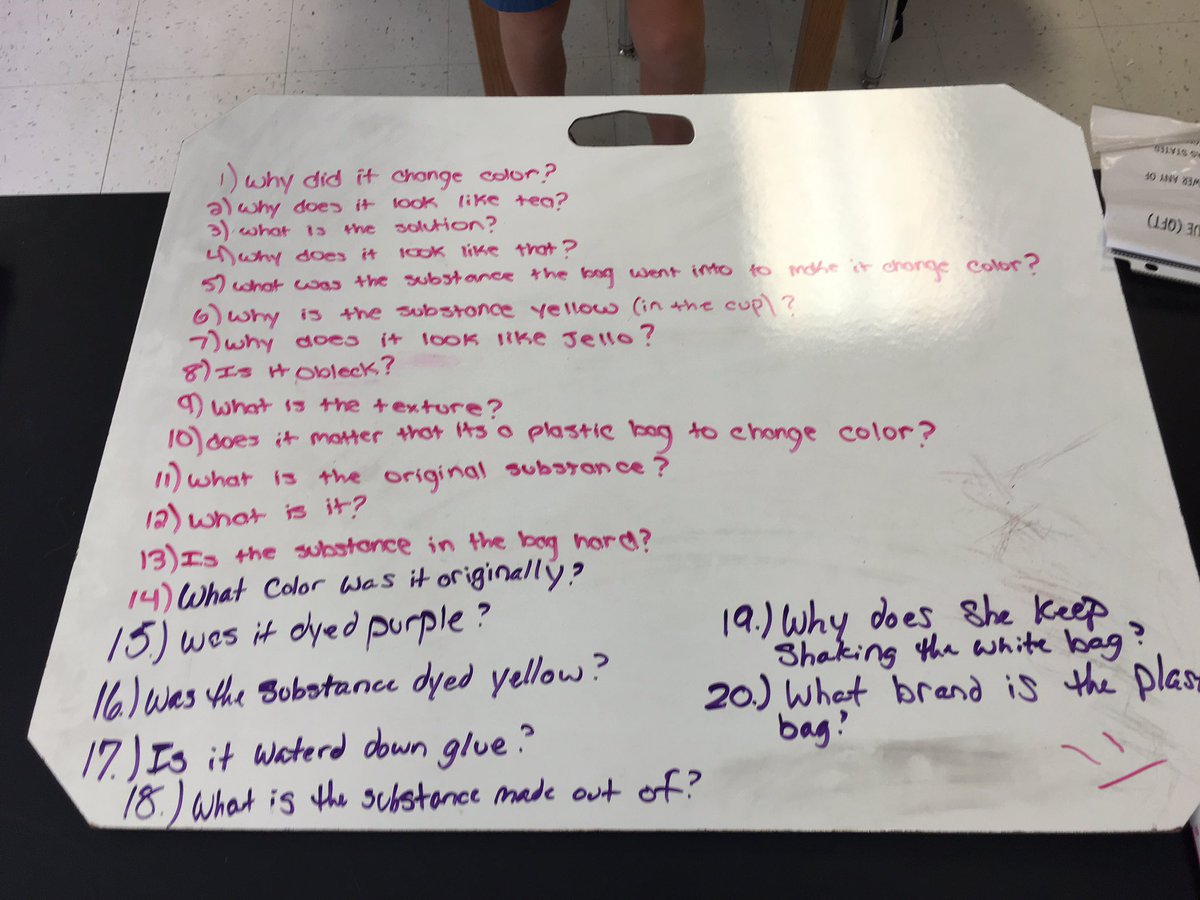 Ran my first QFT! My phenomena was corn starch in dialysis tubing, sitting in a beaker of iodine solution. I received some great questions that we will be answering the next two weeks! #QFT #teachscience #scienceed