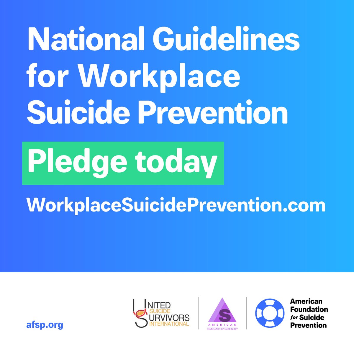 American Foundation for Suicide Prevention (@afspnational) on Twitter photo We've partnered with <a href="/AASuicidology/">American Association of Suicidology</a> and <a href="/UniteSurvivors/">United Survivors</a> to create the ‘National Guidelines for Workplace Suicide Prevention’, which will help employers and workplaces become proactively involved in suicide prevention in the workplace! <a href="/WorkSuicidePrev/">Workplace Suicide Prevention</a>
afsp.org/first-national… We've partnered with <a href="/AASuicidology/">American Association of Suicidology</a> and <a href="/UniteSurvivors/">United Survivors</a> to create the ‘National Guidelines for Workplace Suicide Prevention’, which will help employers and workplaces become proactively involved in suicide prevention in the workplace! <a href="/WorkSuicidePrev/">Workplace Suicide Prevention</a>
afsp.org/first-national…