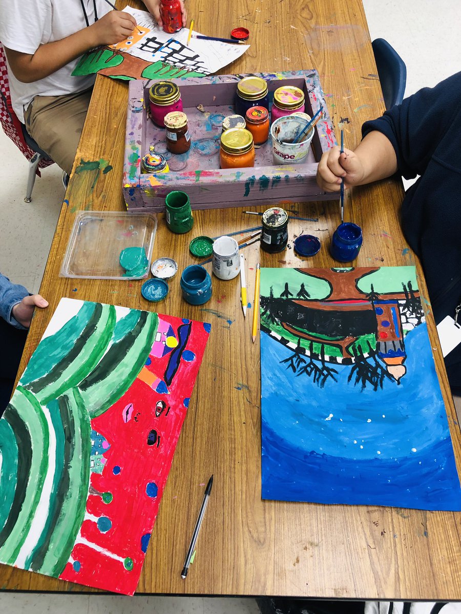 @Bussey_Art  kids studied Hundertwasser and they are creating  their own #Hundertwasser paintings..
One of my favorite projects! #temperapaint @Bussey_Owlets #busseynation2020 @GISDArts @aljennin #art1 #paint #art #middleschool #creative