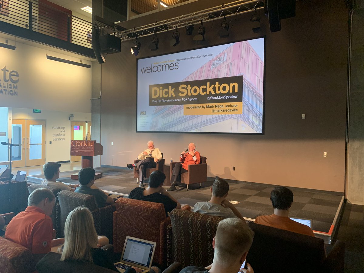 CronkiteSports's tweet photo. Thanks to our organization’s advisor @markaredaville, Fox Sports legendary Play-By-Play man @StocktonSpeaker is here speaking to @Cronkite_ASU students. https://t.co/jj07gegfcX