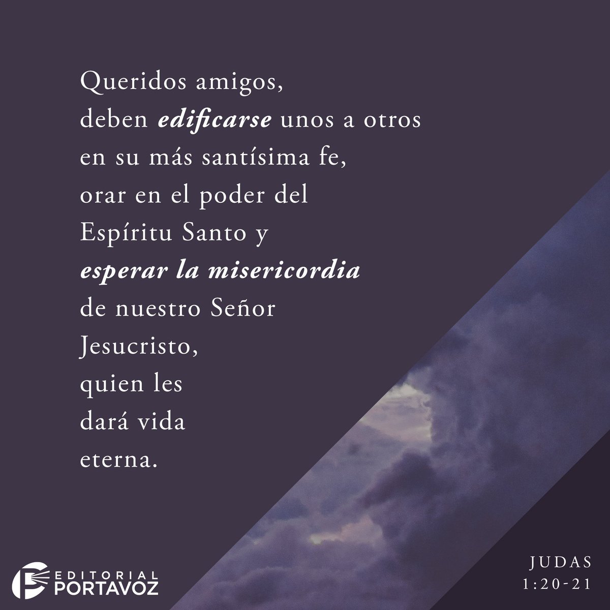 EdPortavoz's tweet image. “Pero ustedes, queridos amigos, deben edificarse unos a otros en su más santísima fe, orar en el poder del Espíritu Santo  y esperar la misericordia de nuestro Señor Jesucristo, quien les dará vida eterna.” —Judas 1:20-21

#edificar #misericordia #vidaeterna