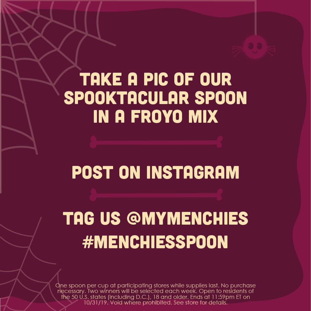 MyMenchies's tweet photo. Want a chance to win a $100 Menchie’s gift card? Enter our #OctoberMenchiesSpoon contest! To enter:

1.Take pic of our new Spooktacular spoon in your Menchie’s mix

2. Post to Instagram, tag 
@MyMenchies
, #MenchiesSpoon &amp; #froyo.  

3. Ensure acct is public

1 winner each week! https://t.co/l5flQVuuE8