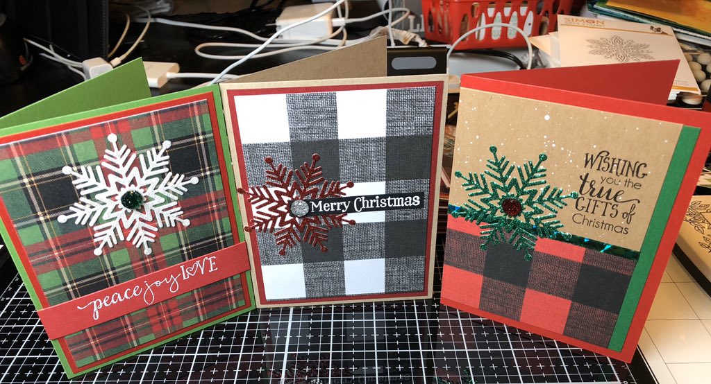 pattyalbertson's tweet photo. Got everything adhered! They’re pretty CAS cards. Snowflakes are from @SimonSaysStamp Stamps are from @myheroarts and @TExpressions I heat embossed two of the sentiments. I have a love/hate relationship with heat embossing! #christmascards https://t.co/2pwEvyUk4k