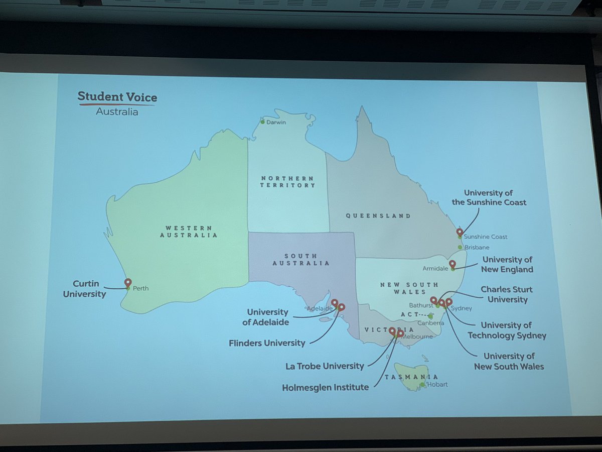 #SVASymposium19 The big map showing the 10 institutions involved in @StudentVoiceAUS - proud to be part of #TeamUNE @UniNewEngland