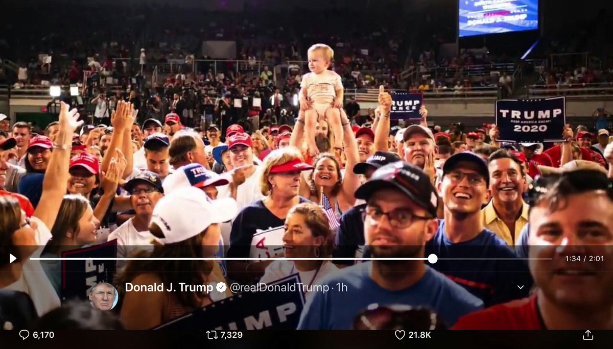  #Trump posted a music video with pictures from a  #TrumpRally. The rally that the  #QBaby picture was taken (the signifier).The picture pops up at 1:34.(1: [3+4] = 7 = 1:7 = 17 = Q)Coincidence? This is big! Q said the picture is the signifier. When Q Baby popped ☟