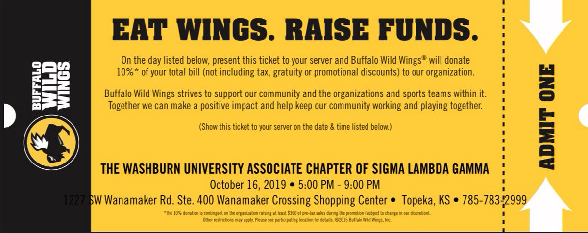 The Washburn University Associate Chapter of Sigma Lambda Gamma National Sorority Inc. are proud to present our first fundraising event of the semester at Buffalo Wild Wings! 
Join us Wednesday October 16th from 5pm-9pm!! Come out &amp; support us! Hope to see y’all there! 💖💜