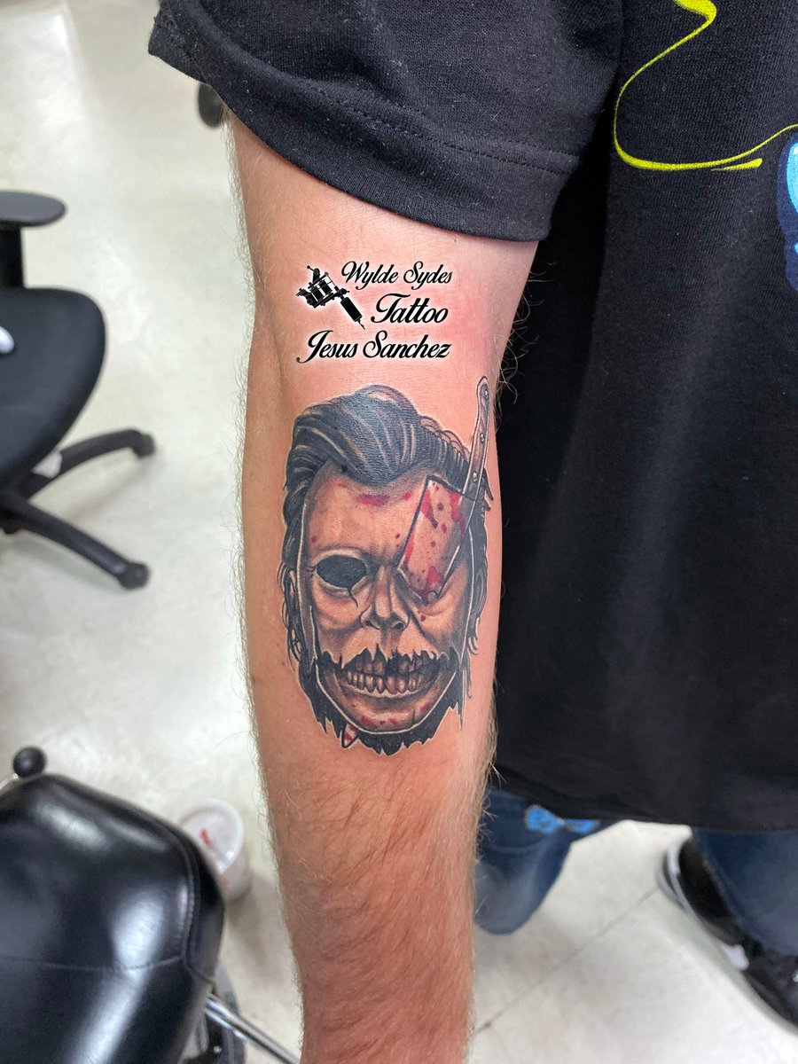 Scary Michael Myers Tattoo On Right Bicep