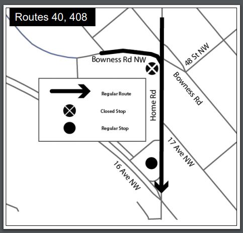 calgarytransit's tweet photo. #CTRiders stop 6609 at SB Home Road & Bowness Road will be closed until the end of service on Oct 13. If you're attempting to catch the #Route40 or #Route408 please catch it at SB Home Rd & 16 Ave NW. https://t.co/QHuWjsvxde