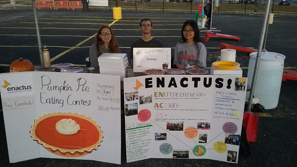 ysuenactus's tweet photo. Anyone who is attending the #FallFireFest tonight, make sure you stop by the #Enactus booth before 8:00pm to take part in the Pumpkin Pie Eating Contest! The contest starts right at 8pm!

We also have 5 games of cornhole running at the same time; come play! https://t.co/mHFSCAsED5