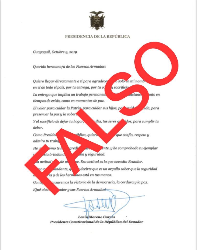 mariapaularomo's tweet photo. Horas de prudencia, de no compartir todo lo que recibimos, de no creer todo lo que vemos.

Las noticias falsas están direccionadas para crear caos y desconfianza. Para desestabilizar. Hoy circulan estas MENTIRAS.

La @PoliciaEcuador está comprometida con el país y con su tropa. https://t.co/xTjPcYJEmd