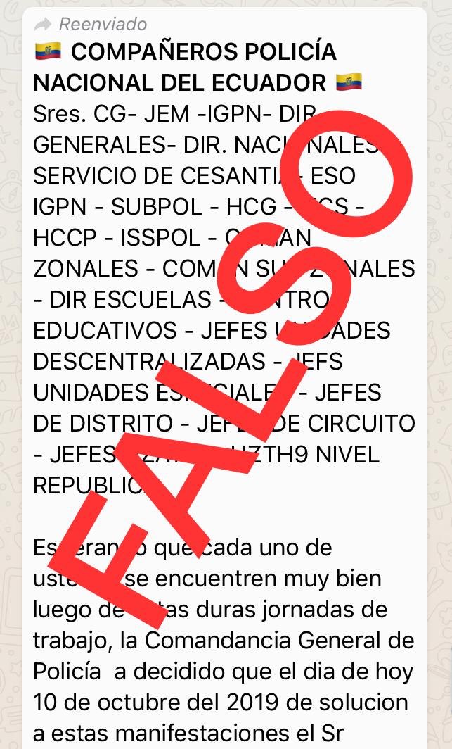 mariapaularomo's tweet photo. Horas de prudencia, de no compartir todo lo que recibimos, de no creer todo lo que vemos.

Las noticias falsas están direccionadas para crear caos y desconfianza. Para desestabilizar. Hoy circulan estas MENTIRAS.

La @PoliciaEcuador está comprometida con el país y con su tropa. https://t.co/xTjPcYJEmd