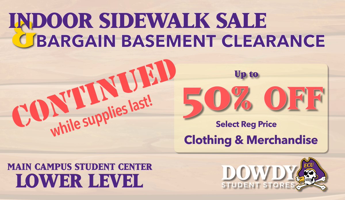 ECUDowdy's tweet photo. Did you miss Dowdy's Indoor Sidewalk Sale? Bargains still left, so the sale continues! (Mon, Oct 14 is last day) Hourly parking in garage behind Student Center. Fri, 7:30a-6p &amp; Sat, 10a-4p.  #ECU #ECU32 #ECU22 #ECU21 #ECU20 #ECUPirateClub #ECUAlumni #PirateNation https://t.co/KJ67HuiEyL