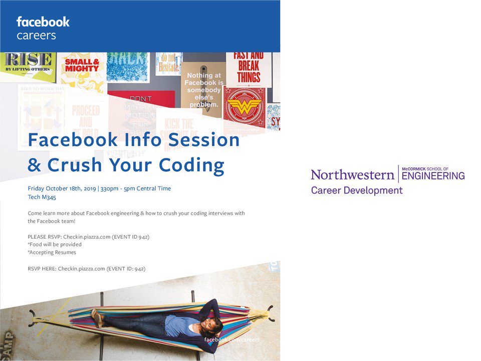 NUEngCareers's tweet photo. @Facebook will be on campus NEXT WEEK! Come network with recruiters and learn more about #engineering opportunities. #Northwestern #NU #Engineer @NorthwesternEng https://t.co/j1ifbxuhiY