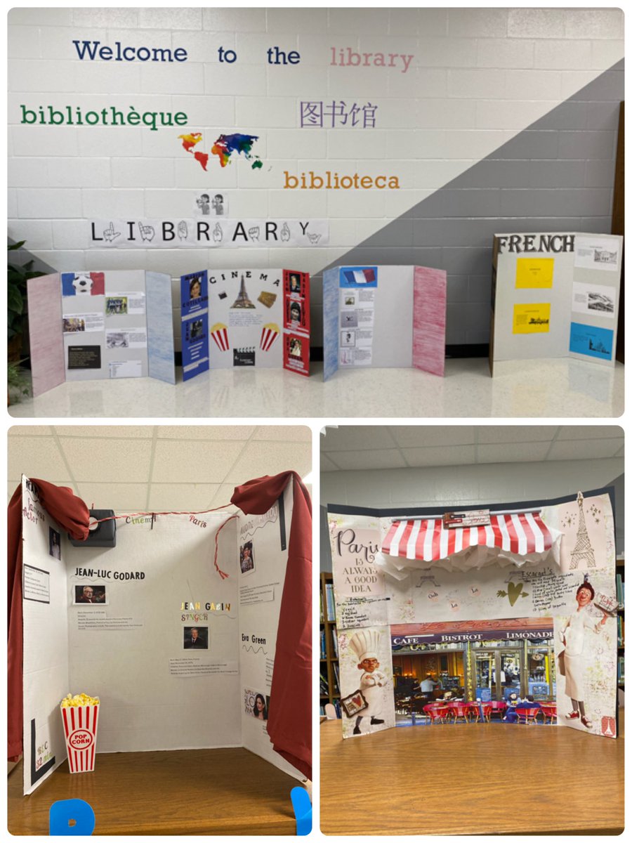 Bonjour! Stop by the #library and check out what our #FrenchStudents are working on! #WorldLanguages #MustangLibrary #HCISDstories