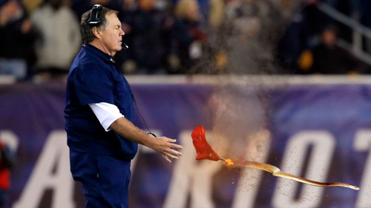 TheOnion's tweet photo. Bill Belichick’s Challenge Flag Transforms Into Swarm Of Snakes After Hitting Ground https://t.co/Oqzm7tgdNq https://t.co/Ls0YQTbhft
