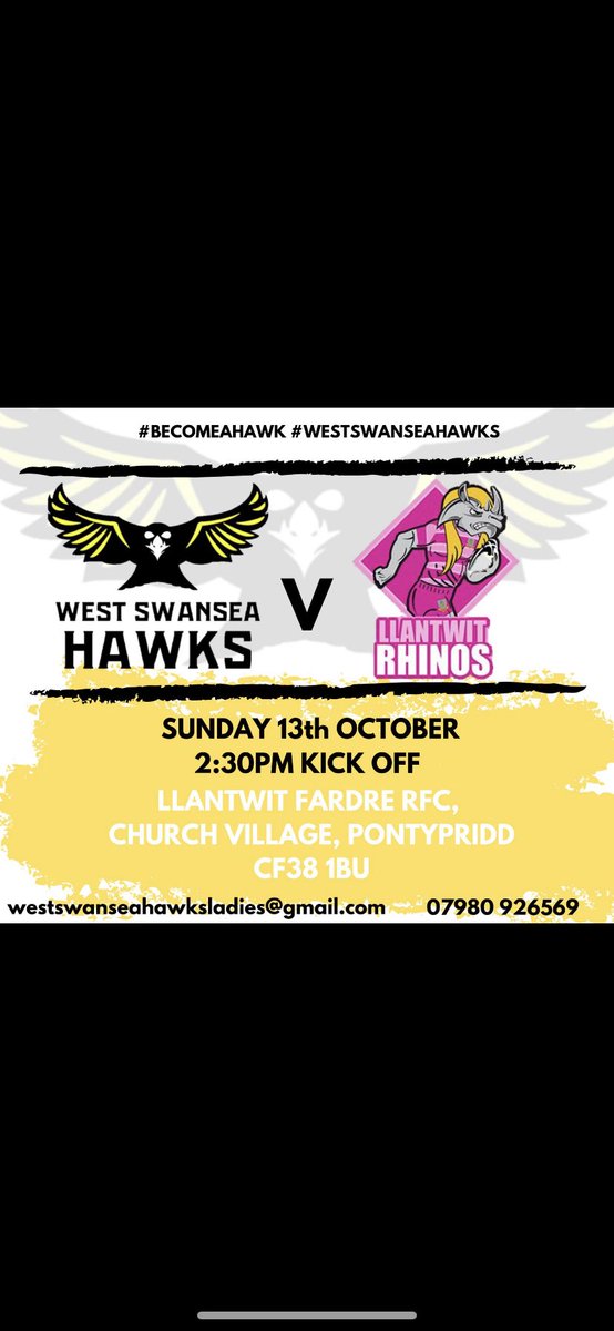 WSHawksLadies's tweet image. Come and show your support for West Swansea Hawks on Sunday as they take on Llantwit Fardre Rhinos! 
🦅 v 🦏 @llantwit_pink