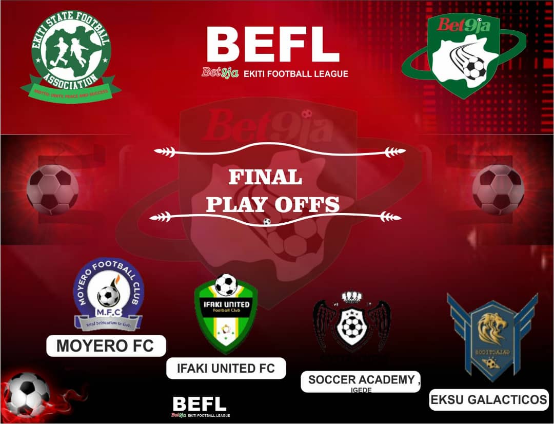 Ekiti State Football Association (@ekitifootball) on Twitter photo The day is here... PLAY OFFS!
<a href="/Bet9jaOfficial/">Bet9ja: The home of #betBOOM! 💣</a> Ekiti State Football League.
Fixtures:
Moyero FC 🆚 Ifaki Utd - ⏰1pm
Soccer Academy 🆚 EKSU Galacticos - ⏰3pm
🏟Oluyemi kayode stadium, Ado Ekiti.
#Bet9jaEFL19
#Bet9jaEFL19
#Bet9jaEFL19
#Bet9jaEFL19 The day is here... PLAY OFFS!
<a href="/Bet9jaOfficial/">Bet9ja: The home of #betBOOM! 💣</a> Ekiti State Football League.
Fixtures:
Moyero FC 🆚 Ifaki Utd - ⏰1pm
Soccer Academy 🆚 EKSU Galacticos - ⏰3pm
🏟Oluyemi kayode stadium, Ado Ekiti.
#Bet9jaEFL19
#Bet9jaEFL19
#Bet9jaEFL19
#Bet9jaEFL19