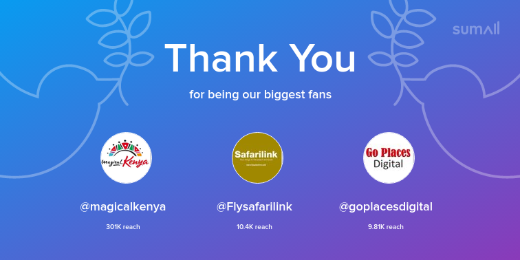 ecotourismkenya's tweet photo. Our biggest fans this week: magicalkenya, Flysafarilink, goplacesdigital. Thank you! via https://t.co/t3185VTNcK https://t.co/zEidFDWXtF