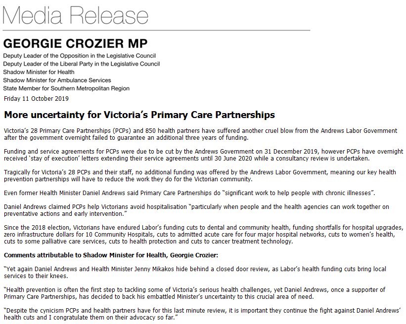 georgiecrozier's tweet image. Health Minister Jenny Mikakos could have announced three more yrs of funding for Victoria's 28 Primary Care Partnerships.  Instead, she ordered another review.  Victorian's deserve better than Labor's ongoing cuts to health. #springst #SecurePCPsFuture #LaborHealthCuts #springst