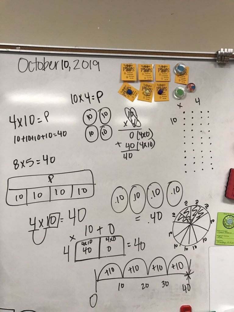 I was so impressed with my students ideas and ways they represented 4x10 during our number talk today! #TESbulldogs #WISDgreatness #bulldogbrag #numbertalk