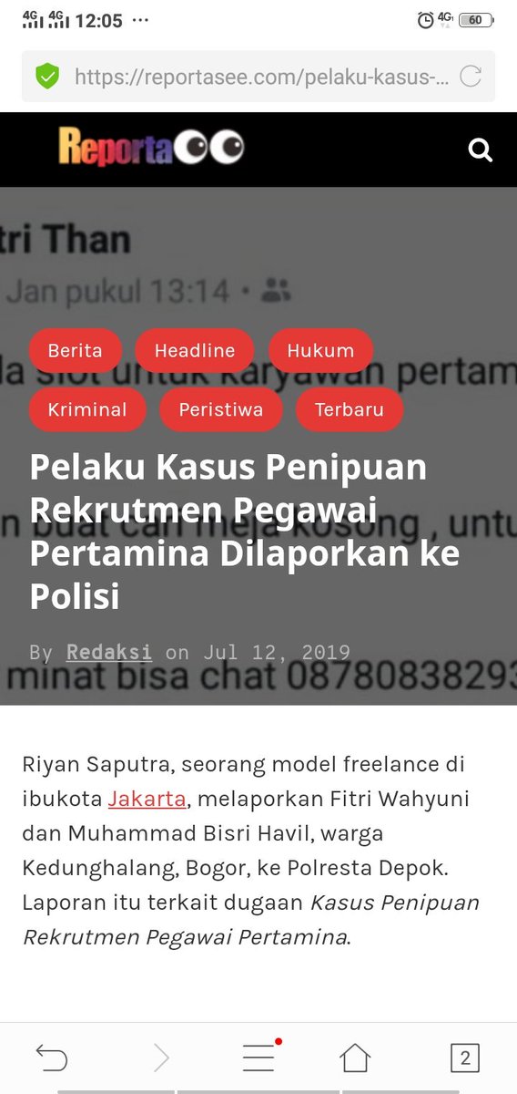 riyanfitnessid's tweet photo. Trending topik
Model Riyan Saputra World menjadi  korban penipuan yang mengatas namakan pertamina. Pelaku penipuan masih buron yaitu Muhammad Bisri Havil dan Fitri Wahyuni hingga saat ini, berikut beritanya https://t.co/hPNrgDf5Be