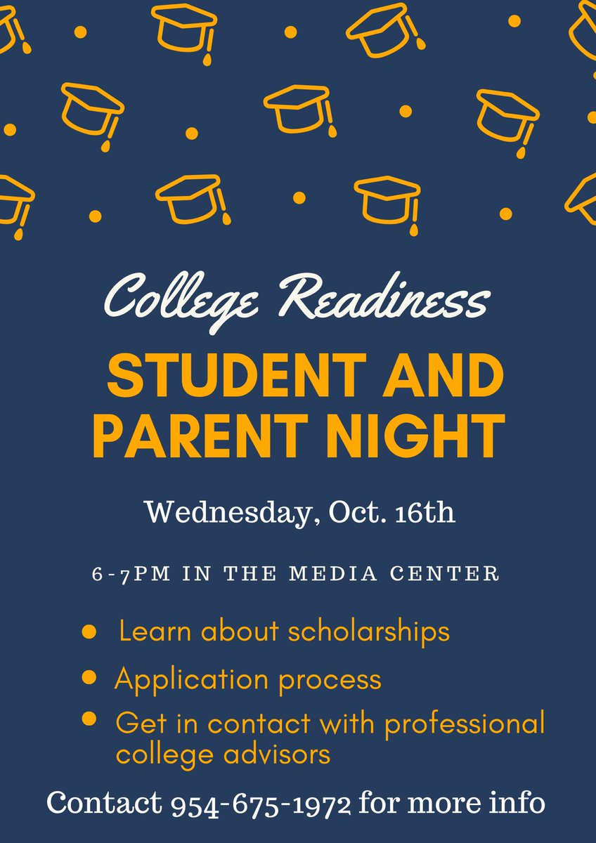 coralgladesnhs's tweet photo. Attention!!! Next Wednesday there will be a college readiness parent and student night. It’s complete FREE and it’s a great way to get hours while learning about scholarship opportunities and much more. Dm or contact the number on the flyer if you’re interested!! https://t.co/DFwR0FO9ZL
