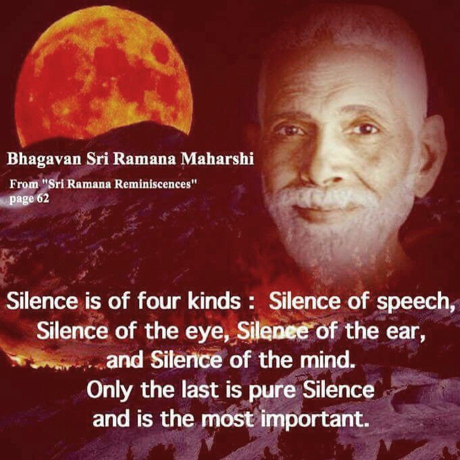 SuchitNanda's tweet photo. #Silence is of four kinds: Silence of #speech, #eye, #ear, #mind.
Only the last is #pure #silence and is the most #important

Sri Ramana Maharshi
From "Sri Ramana Reminiscence" Pg 62.
#SriRamanaMaharshi Ramana #Maharshi #gyan #knowledge #truth #wisdom https://t.co/V9UtiZnMhR