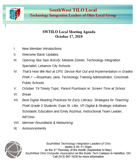 swtilo's tweet photo. #SWTILO meets Thurs, 10/1& 8:30-11:30. This month we focus on early literacy, reading instruction & best digital practices in PreK-2 classrooms. Joining us,@Scholastic's @ESL0429 @IamCPS'@Rosemary_Edu & @infohio's @rozmuse Stay for Lunch & Learn @ScholasticEd's Digital Solutions. https://t.co/8O8NYJzlYm